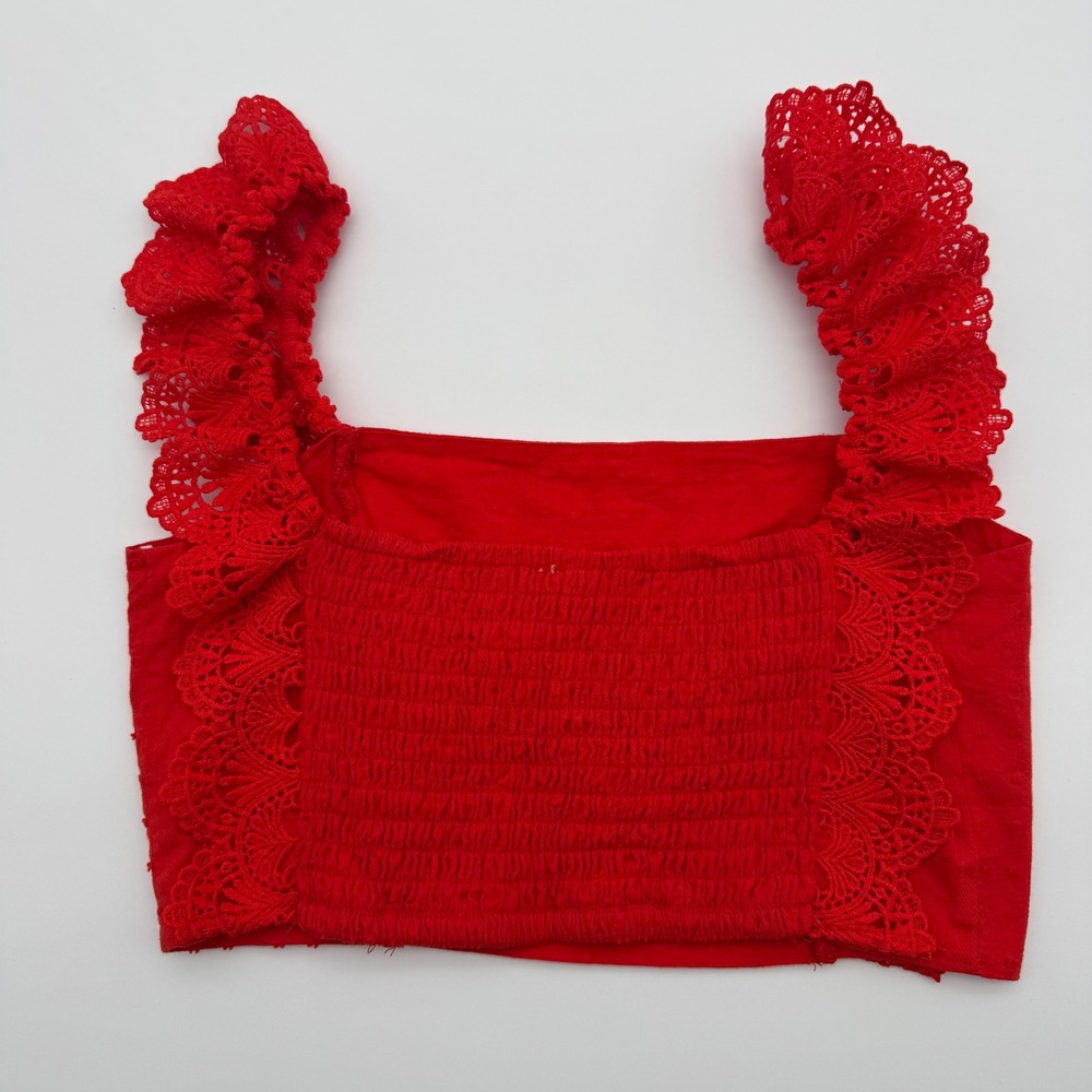 Fashion On Earth Red Swiss Dot Lace Trim Smocked Crop Top Womens Medium - Picture 2 of 4